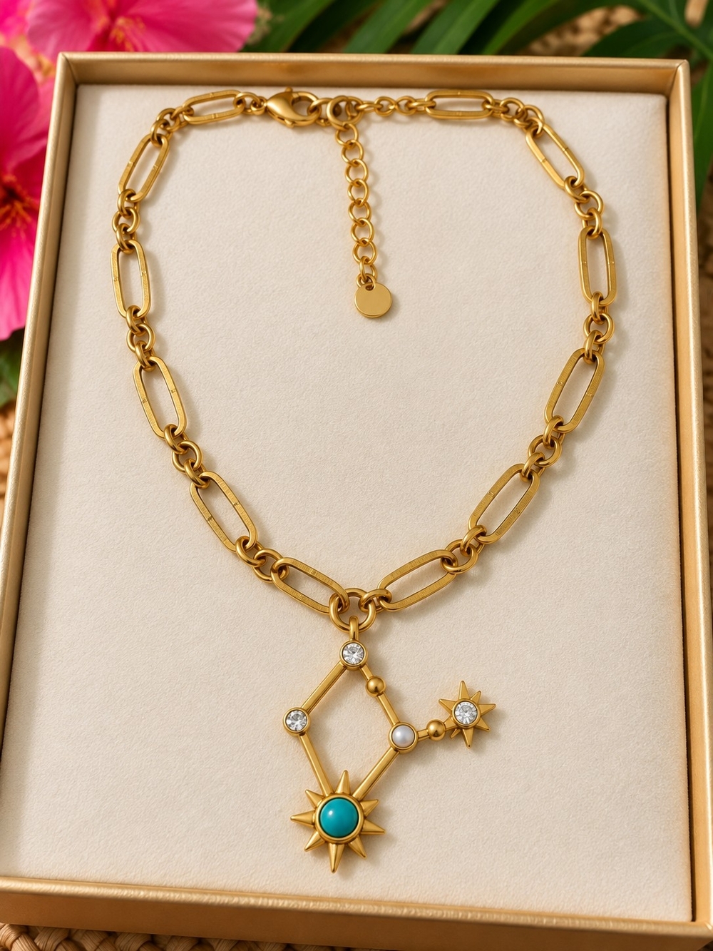Gold Starburst Turquoise Pendant Necklace - Women Jewelry